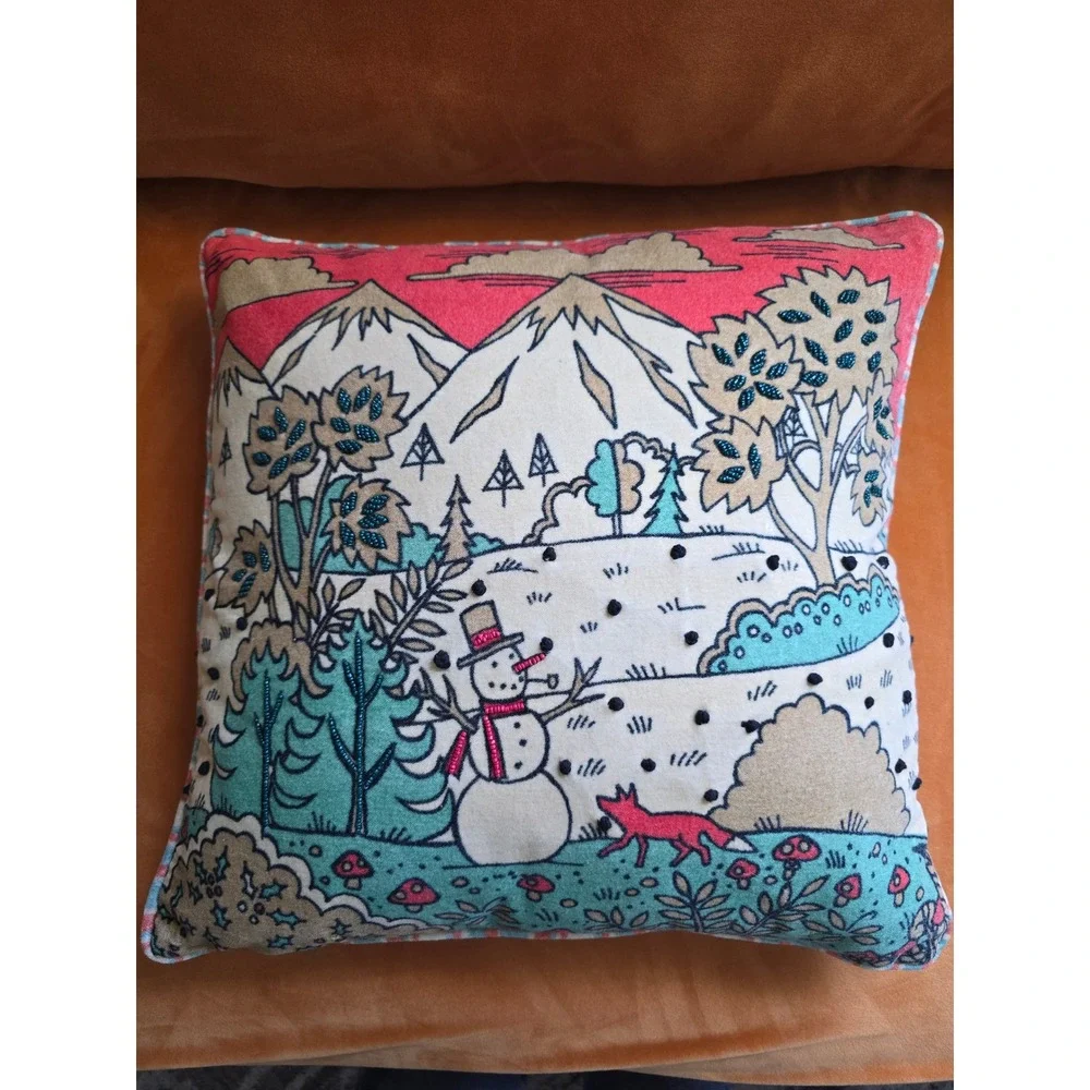 New Winter Landscape Beaded Throw Pillow Snowman Fox Mountain Scene Square Decor